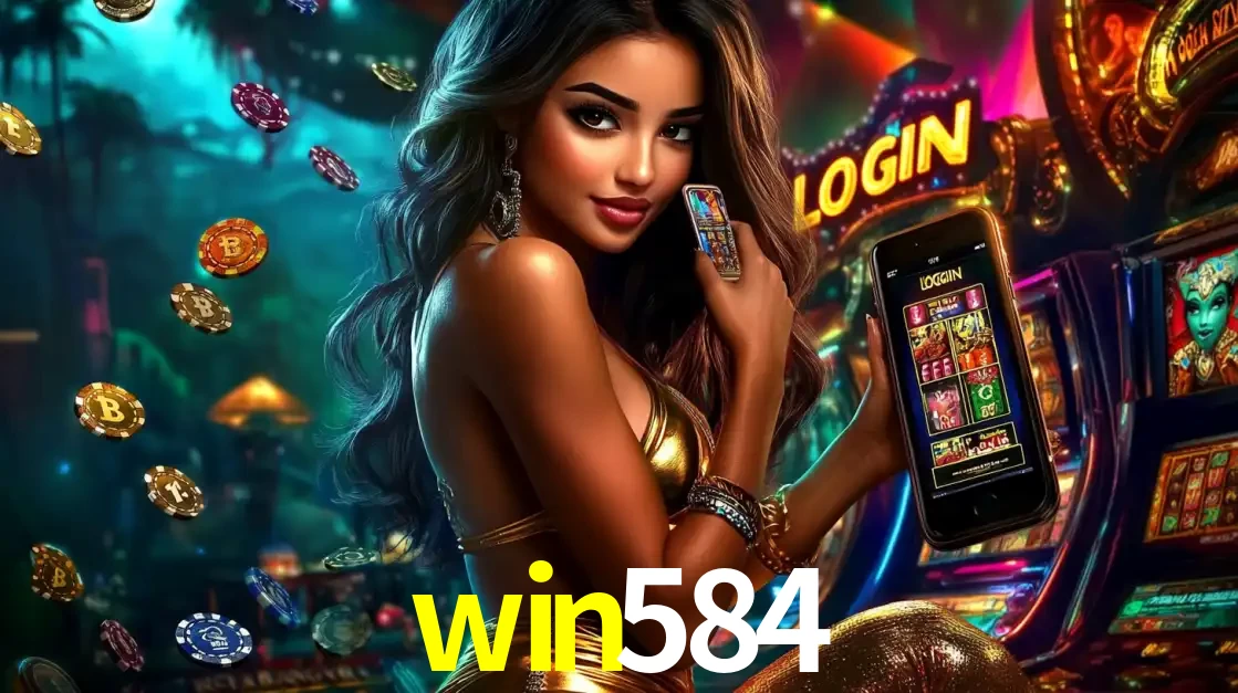 Mulher em um cenário de cassino temático de aventura, mostrando o app de caça-níqueis da win584 no celular. Fichas de apostas flutuam ao redor.