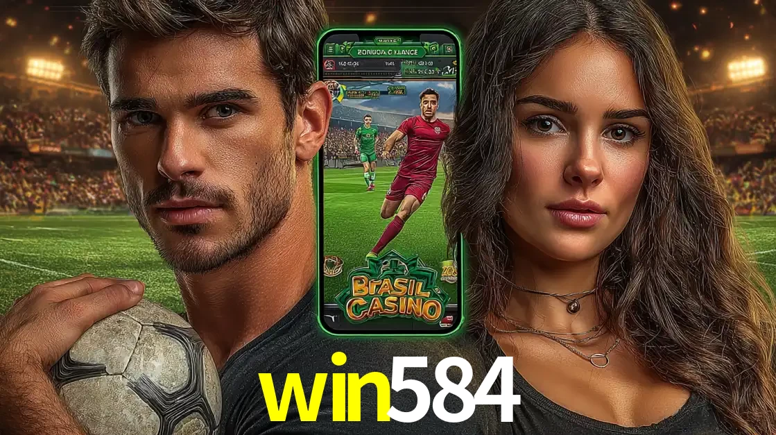 Homem segurando uma bola de futebol e uma mulher ao lado de um smartphone exibindo o jogo de apostas esportivas da win584. Faça seu palpite no cassino online.